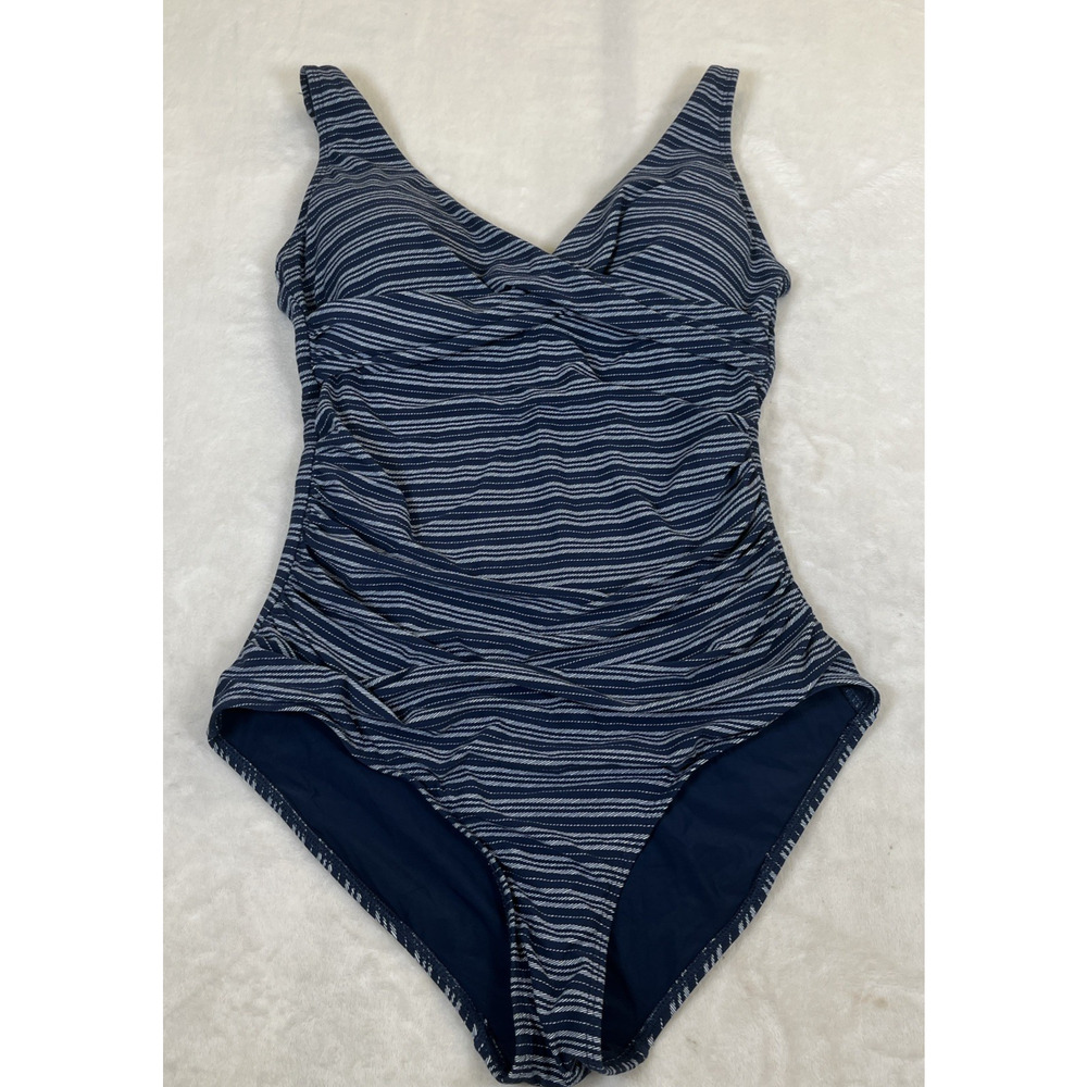 Niptuck Swim Navy & White Striped One-Piece Swimsuit Multi-Fit Cup US 12 Charity